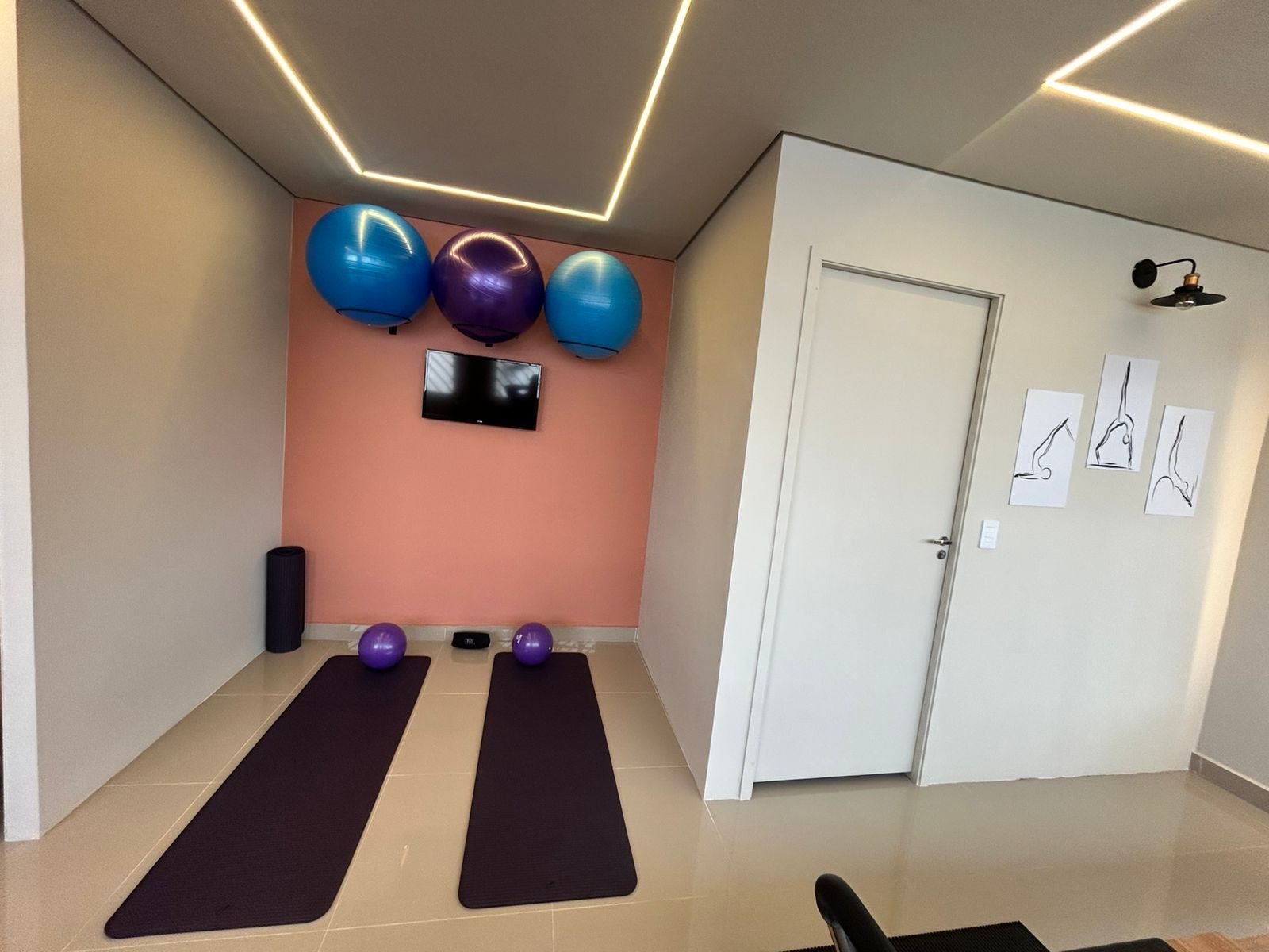 Área de MAT pilates com tapetes, bolas e parede terracota